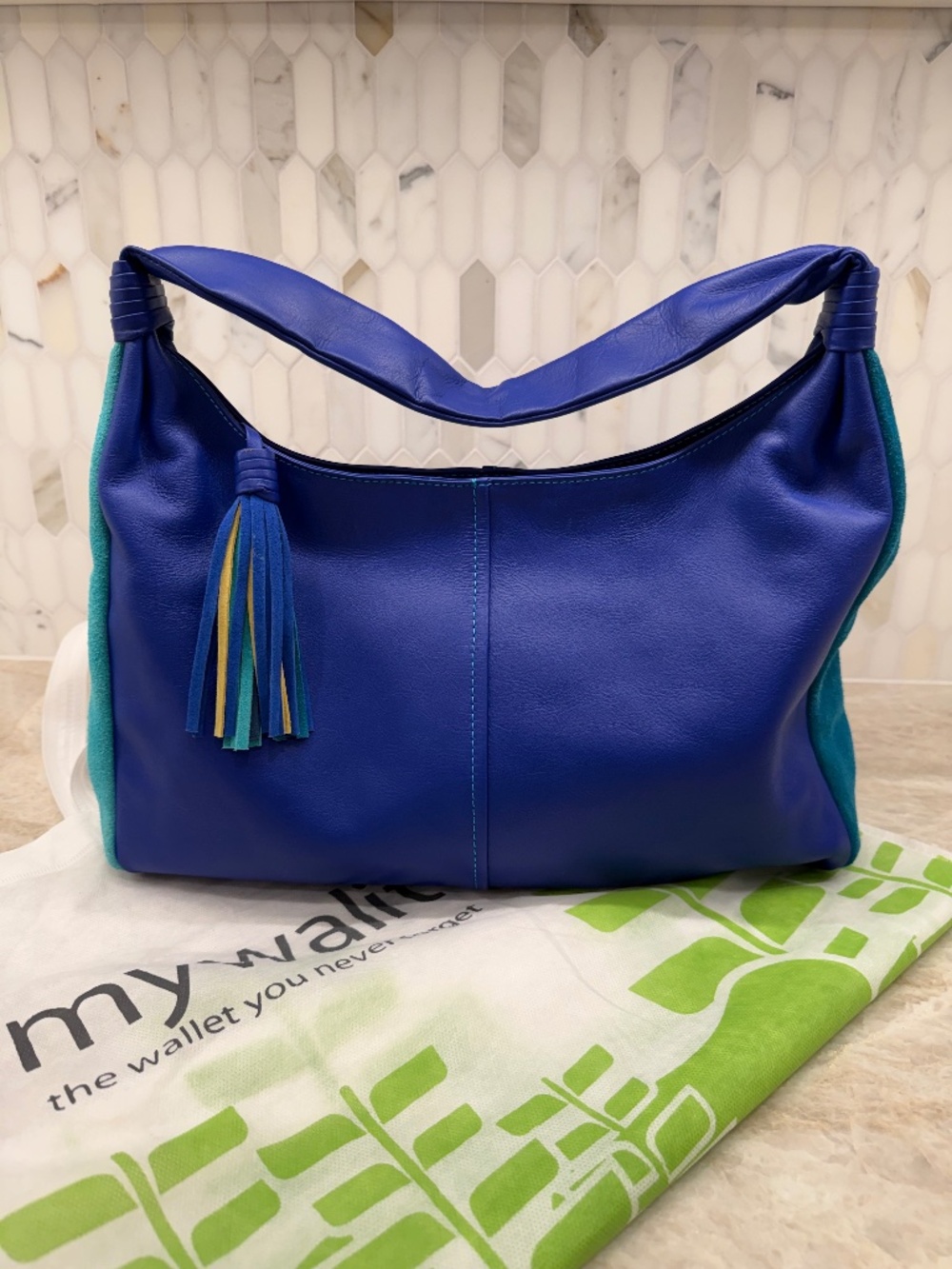 MyWalit Bag Royal Blue Leather with turquoise suede side panels, MINT